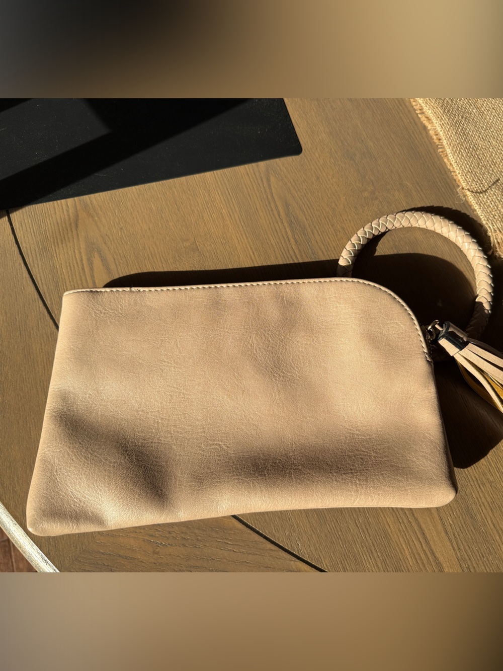 Taupe Leather Wristlet Clutch